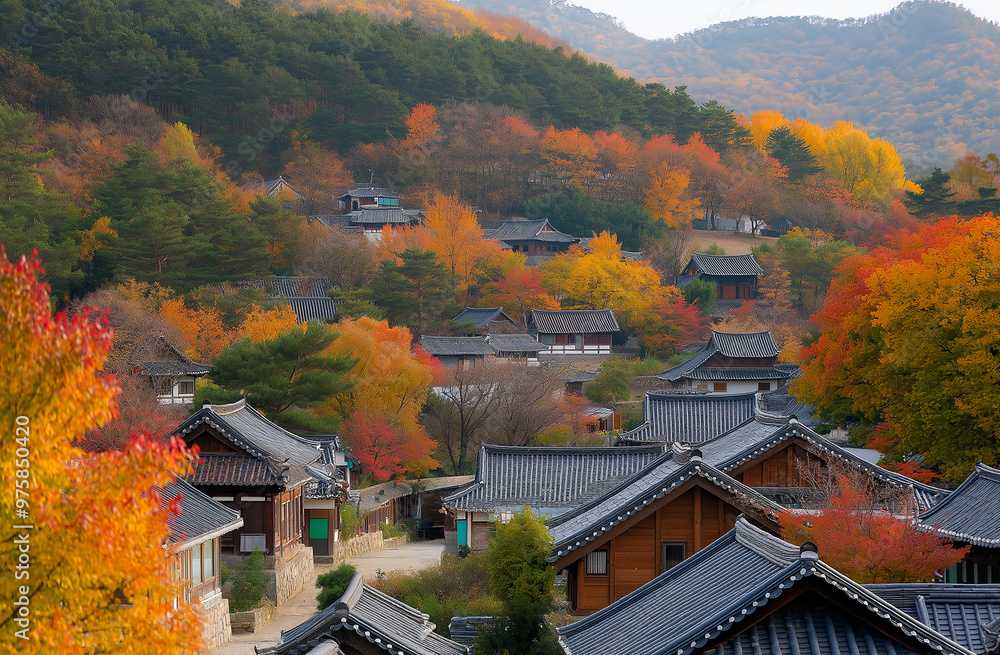 Obraz premium A Korean village with traditional architecture set amidst a backdrop of vibrant autumn foliage
