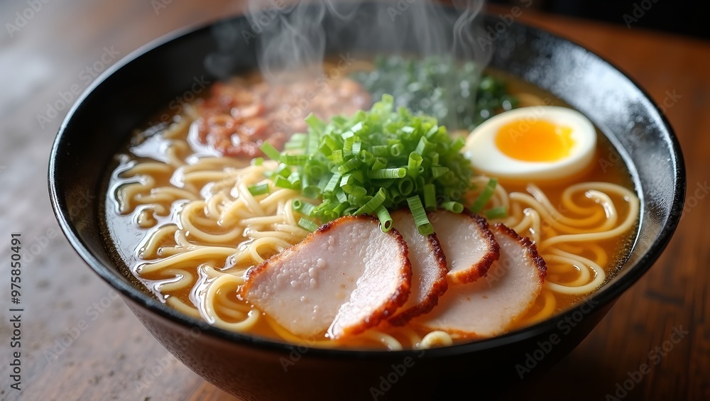 Delicious bowl of steaming ramen with pork egg and green onions Delicious bowl of steaming ramen with pork egg and green onions