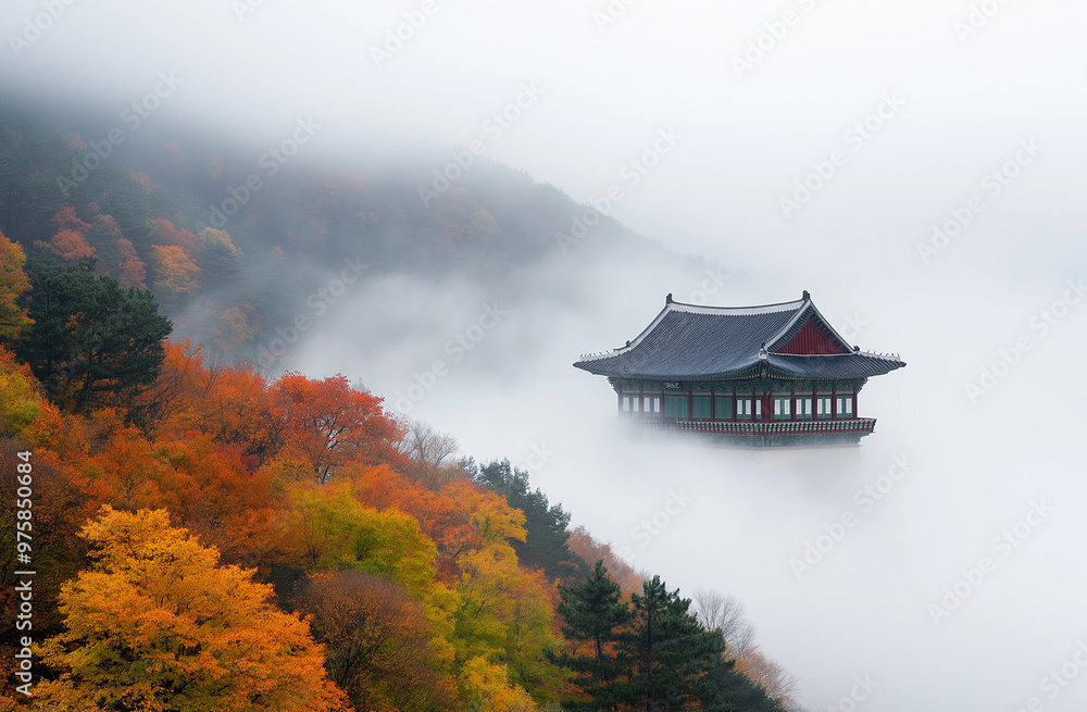 A mountain temple in Korea surrounded by mist and autumn colors A mountain temple in Korea surrounded by mist and autumn colors