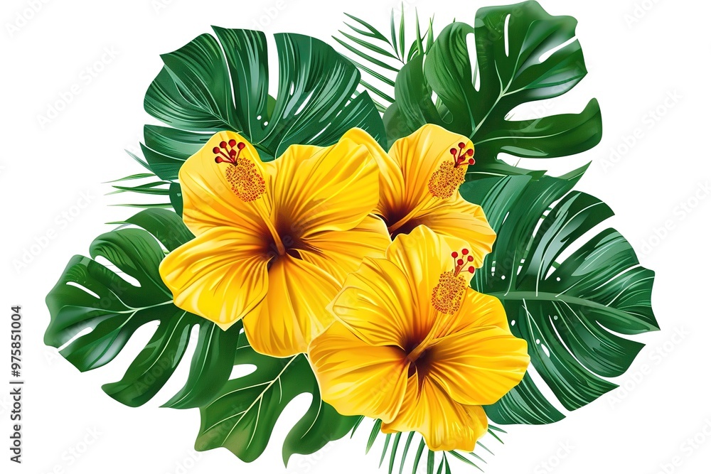 Fototapeta premium Watercolor Summer Tropical Bouquet Composition with Frangipani, Hibiscus, Monstera and other leaves.