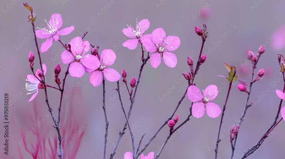 Obraz premium A tight shot of a pink bloom on a branch against a gray and pink backdrop, surrounded by more flowers