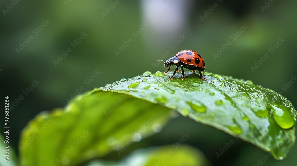 A ladybug perches on a green leaf, its back legs dotted with water droplets A ladybug perches on a green leaf, its back legs dotted with water droplets