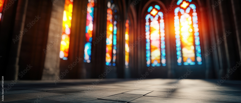 Obraz premium Experience the majestic beauty of vibrant stained glass windows illuminating a dark cathedral, creating a sacred atmosphere of spiritual reflection and wonder.