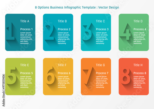 8 options business infographic template, theme of large number with shadow on colorful rectangular, with text frame