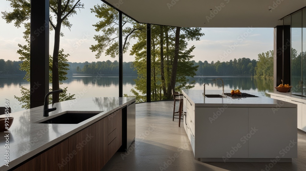 Fototapeta premium Minimalist Modern Kitchen with a Lake View