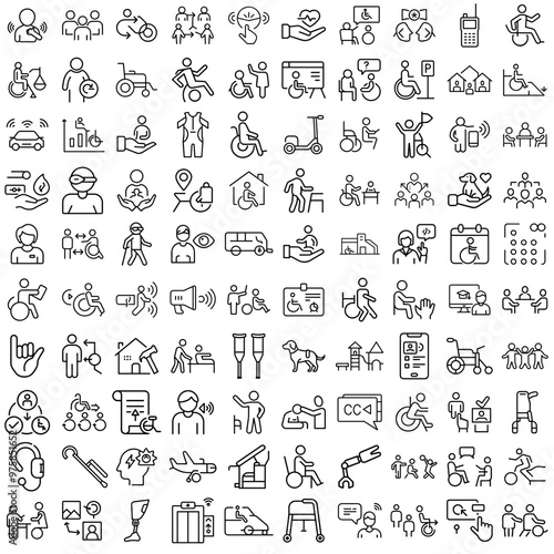 Minimalist Black and White Outline Icons Set on Accessibility and Inclusive Design (100 Icons)