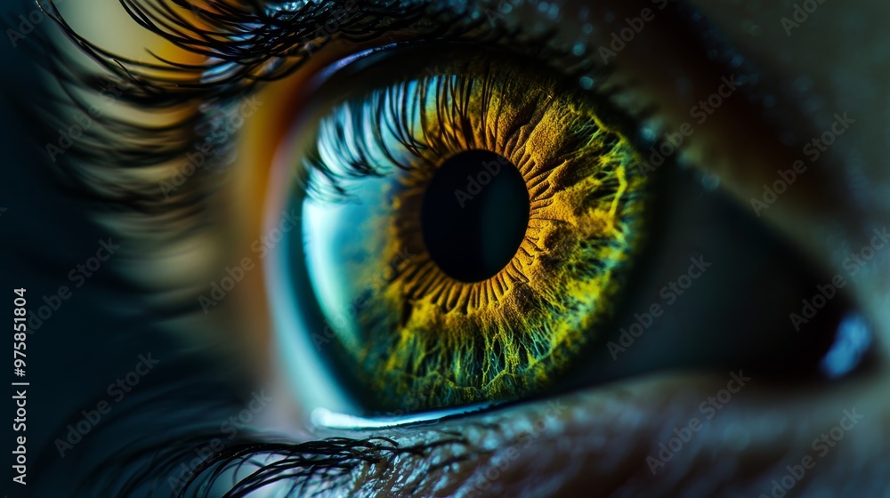 A tight shot of an eye, showcasing a green-yellow iris at its core A tight shot of an eye, showcasing a green-yellow iris at its core