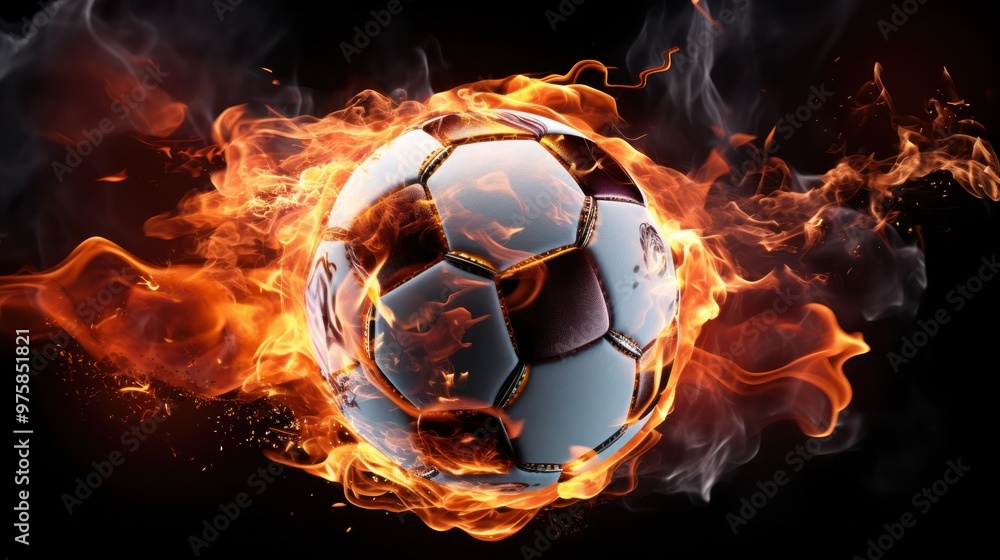 Fototapeta premium A captivating close-up of a soccer ball ablaze, with flames erupting from various points around it.