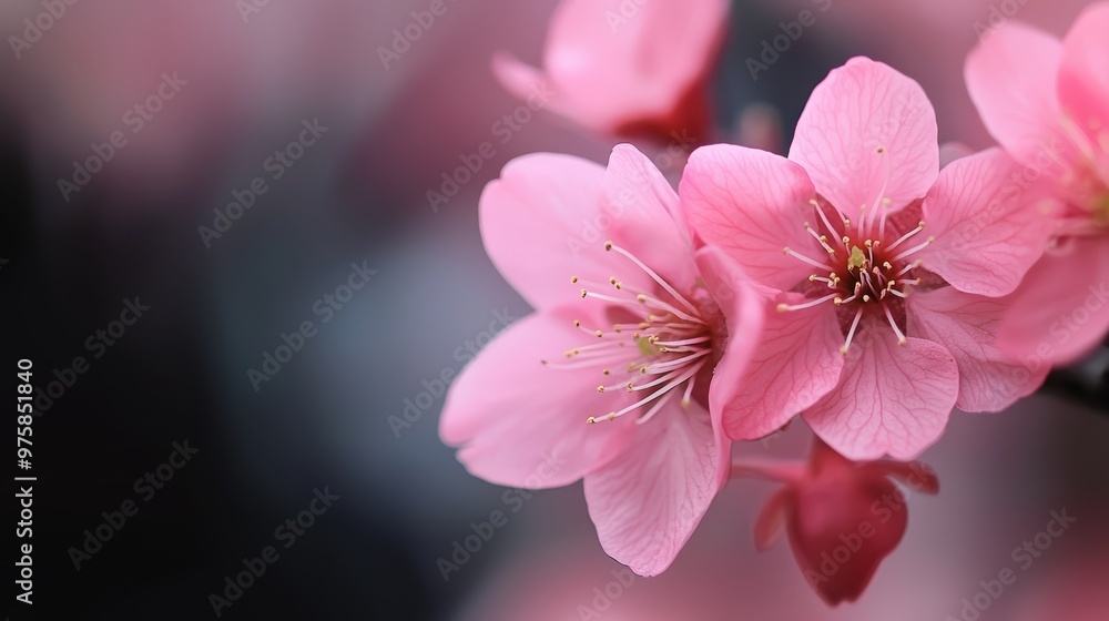 A close-up of a pink flower on a branch against a softly blurred background A close-up of a pink flower on a branch against a softly blurred background