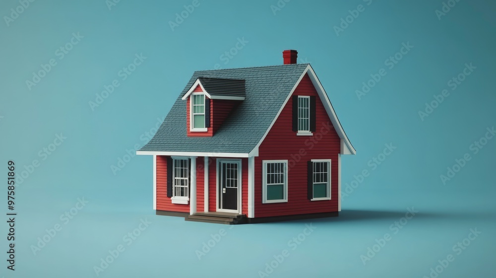 A red house with a blue roof sits on a blue background A red house with a blue roof sits on a blue background