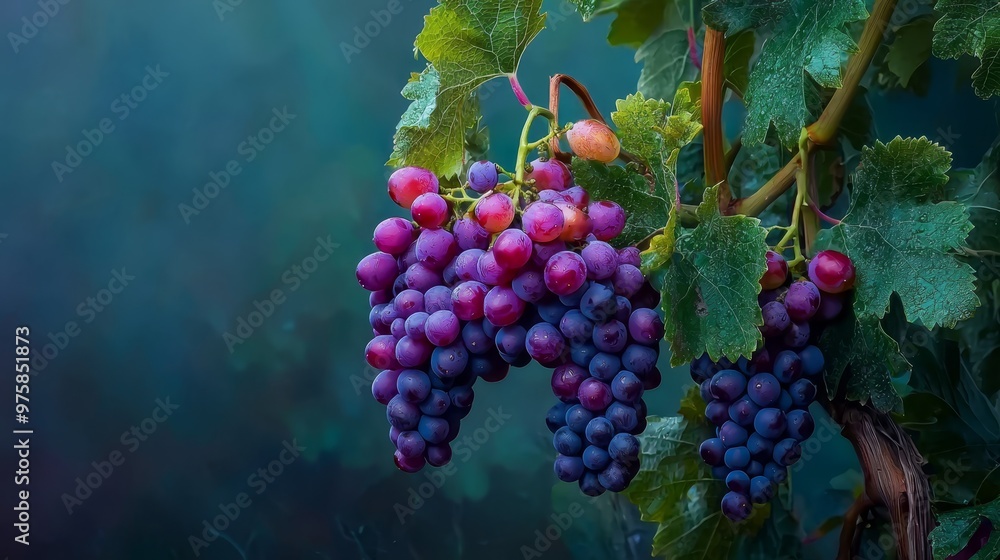 Fototapeta premium Grapes with red berries dangling from green leaves on a vine