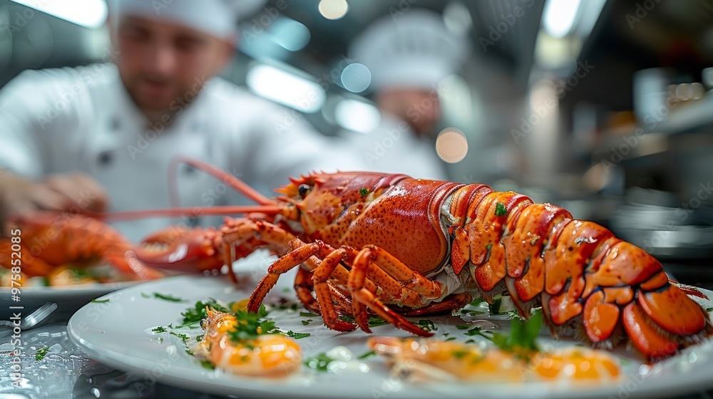 In a lively kitchen, a chef expertly arranges a stunning lobster dish, showcasing fresh ingredients and culinary talent in action In a lively kitchen, a chef expertly arranges a stunning lobster dish, showcasing fresh ingredients and culinary talent in action