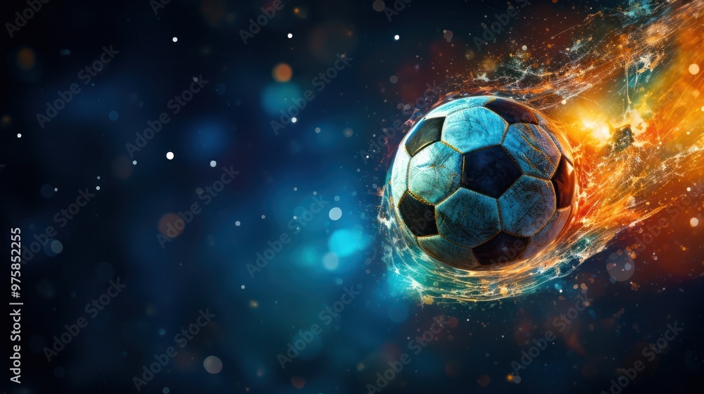 Naklejka premium A captivating close-up of a soccer ball ablaze, with flames erupting from various points around it.