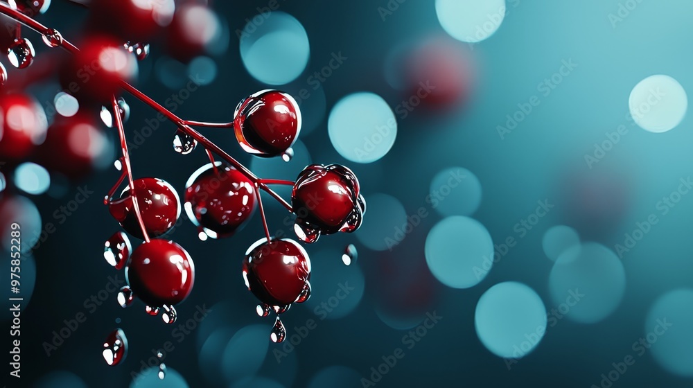 A tight shot of cherries clustered on a branch, adorned with dewdrops atop each juicy fruit A tight shot of cherries clustered on a branch, adorned with dewdrops atop each juicy fruit