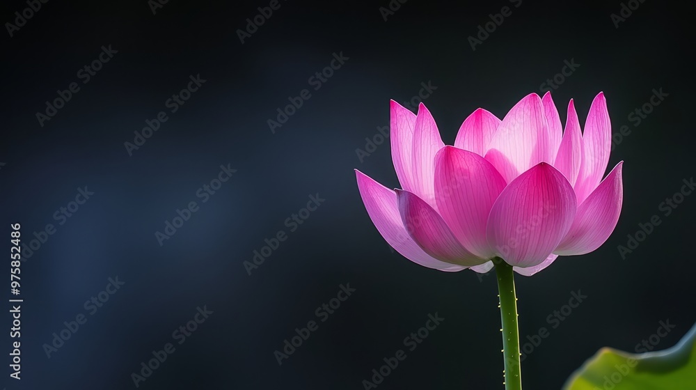 A large pink blossom atop a verdant leafy plant against a backdrop of dark blue A large pink blossom atop a verdant leafy plant against a backdrop of dark blue