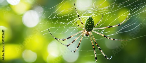 Green orb-weaving spider suspended in web amidst blurred natural background foliage photo