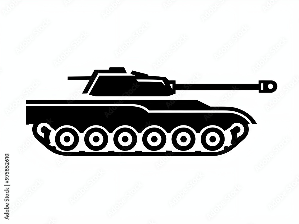 Obraz premium Minimalist silhouette of a military tank, vector image of an armored battle tank, simple flat design of a combat tank icon, army's war defense vehicle artillery weapon heavy selling gun