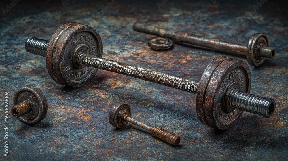 A rusty old set of dumbbells are laying on a grey surface A rusty old set of dumbbells are laying on a grey surface