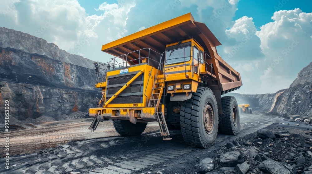A large number of yellow mining trucks operate at an openpit mine under the sun, showcasing heavy industrial activity A large number of yellow mining trucks operate at an openpit mine under the sun, showcasing heavy industrial activity