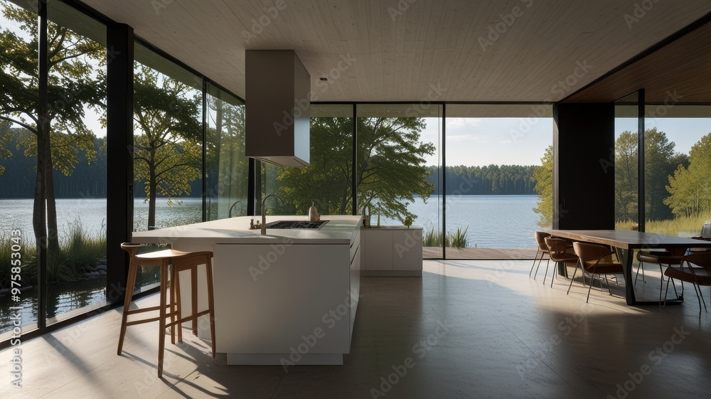 Minimalist Modern Kitchen with a Lake View Minimalist Modern Kitchen with a Lake View