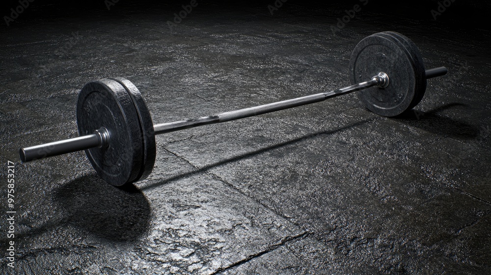 A black and silver dumbbell is laying on the ground A black and silver dumbbell is laying on the ground