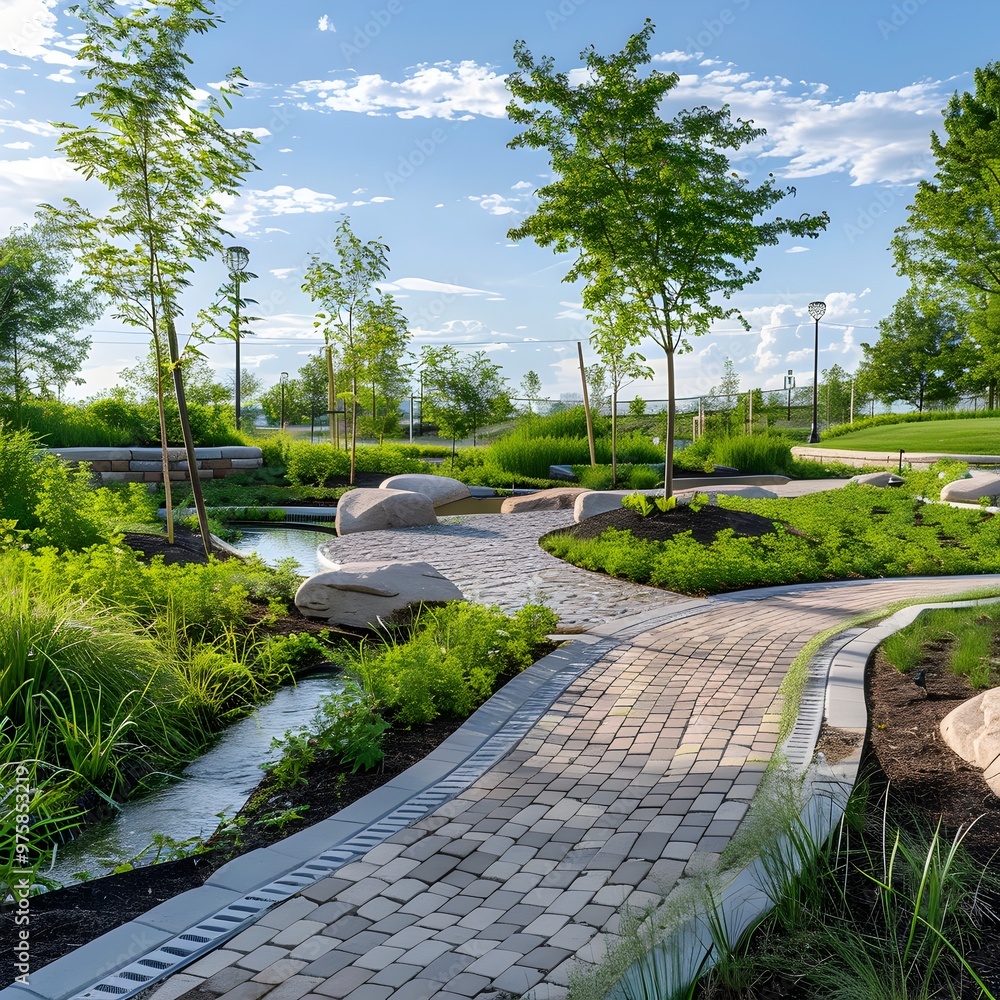 Fototapeta premium Eco friendly Park with Rain Gardens and Permeable Pathways for Sustainable Water Management