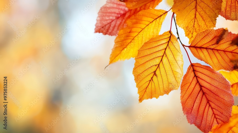 A tight shot of a tree featuring orange and yellow leaves in sharp focus, with a blurred backdrop behind A tight shot of a tree featuring orange and yellow leaves in sharp focus, with a blurred backdrop behind