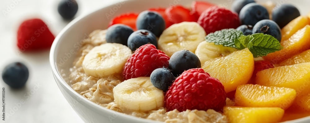 A vibrant bowl of oatmeal topped with fresh fruits including banana, raspberry, blueberry, and peach, perfect for a healthy breakfast. A vibrant bowl of oatmeal topped with fresh fruits including banana, raspberry, blueberry, and peach, perfect for a healthy breakfast.