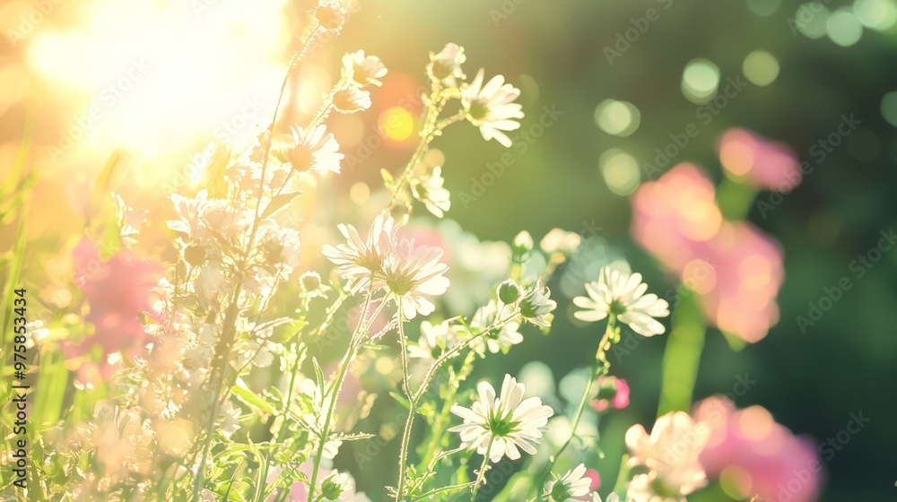 A field of wildflowers with sun-dappled leaves and blooms in the foreground, softly blurred background of grass and flowers A field of wildflowers with sun-dappled leaves and blooms in the foreground, softly blurred background of grass and flowers