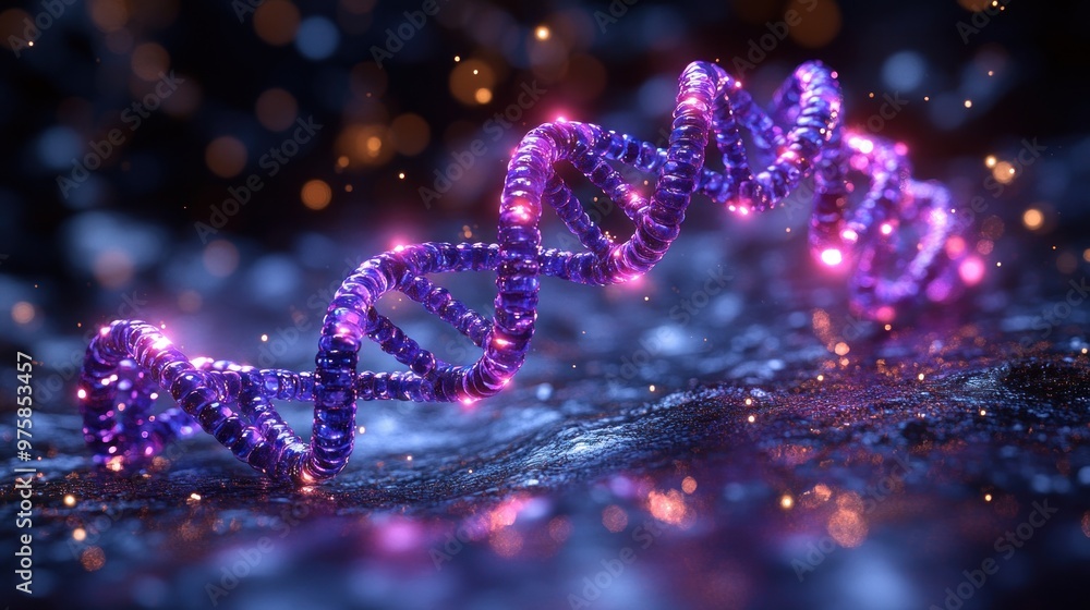 A vibrant DNA helix sparkles with colors in a mystical, dreamlike environment A vibrant DNA helix sparkles with colors in a mystical, dreamlike environment