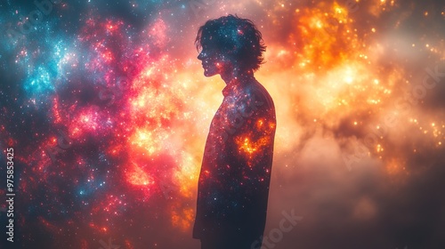 A figure stands quietly amidst a stunning cosmic display of colors and stars