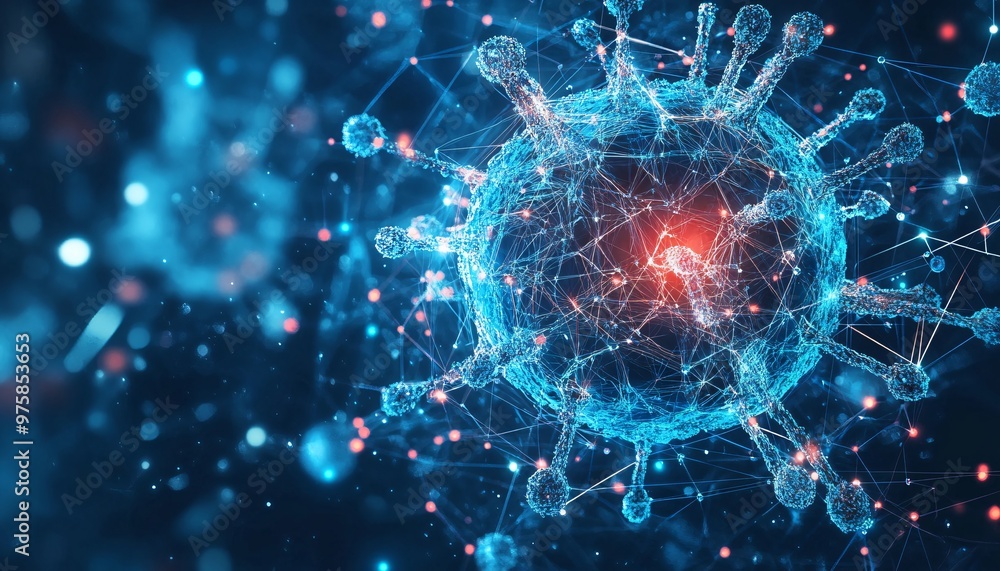 Detailed virus structure illustrated within a nanotechnology framework, showcasing the intricate interplay between biological entities and cutting-edge nano advancements. Detailed virus structure illustrated within a nanotechnology framework, showcasing the intricate interplay between biological entities and cutting-edge nano advancements.