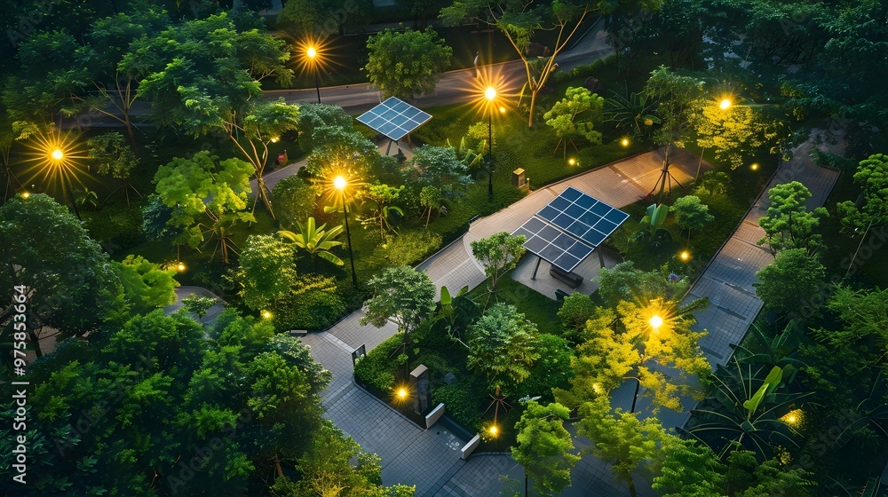 Naklejka premium Smart Sustainable Urban Park with Solar Powered Lighting and Green Amenities