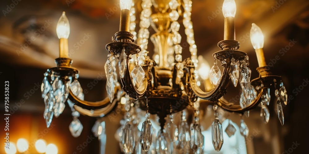 Ornate gold chandelier with crystal drops. Ornate gold chandelier with crystal drops.