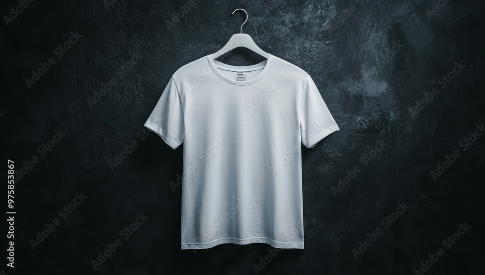 White T-shirt hanging on a hanger against a dark background. White T-shirt hanging on a hanger against a dark background.