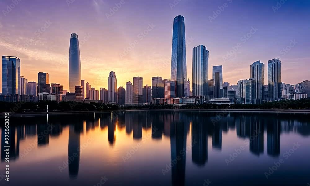 City skyline at night near the water. Generative AI City skyline at night near the water. Generative AI
