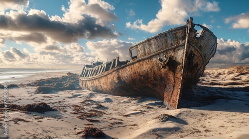 Wallpaper Mural A rusty, abandoned shipwreck in the middle of a desert, with dunes surrounding it Torontodigital.ca