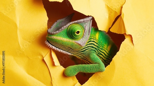A tiny chameleon with bright green scales pokes its head through a jagged tear in a yellow paper background, blending its colors.