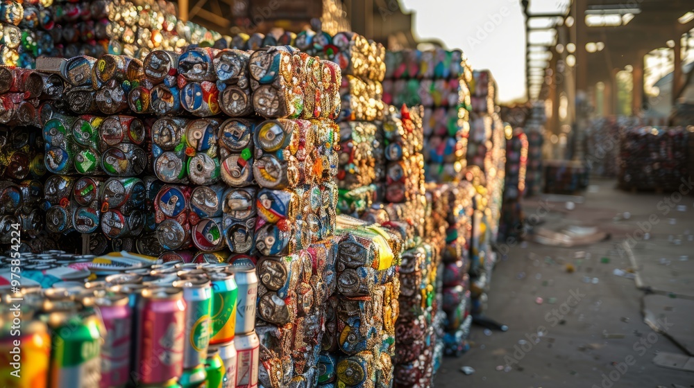 Fototapeta premium Colorful, crushed cans tower high in an urban recycling yard, glinting in the warm glow of the evening sun, hinting at eco-conscious practices