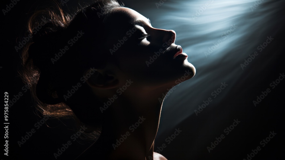 A captivating silhouette of a woman's head with soft, dim lighting that casts intriguing shadows, A captivating silhouette of a woman's head with soft, dim lighting that casts intriguing shadows,