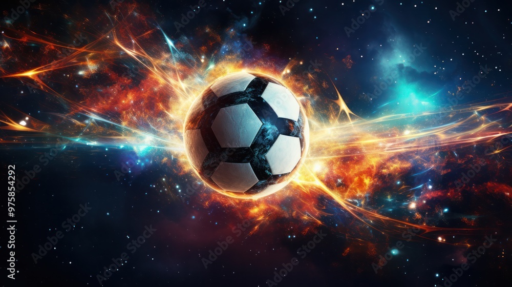 Naklejka premium A captivating close-up of a soccer ball ablaze, with flames erupting from various points around it.