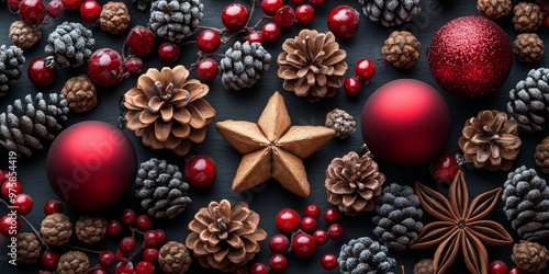 Festive Christmas arrangement with pine cones, red ornaments, and star anise.