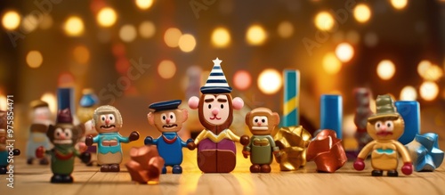 Cute Monkey Figurines on a Wooden Table with a Festive Background