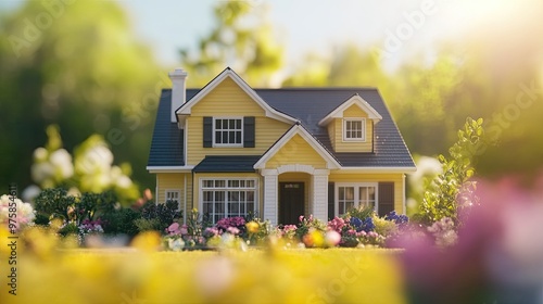 A yellow house with a black roof and white trim sits in a field of flowers