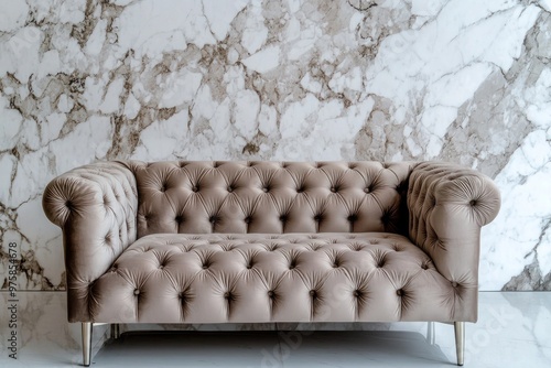 A stylish, tufted velvet sofa with metallic legs, positioned before a marble feature wall.