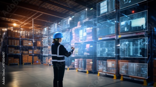 A man is exploring a digitally enhanced warehouse equipped with advanced inventory management systems photo