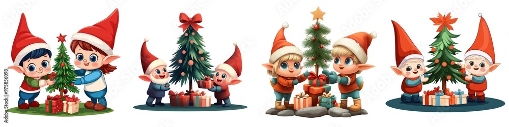 Adorable elves decorating Christmas trees with gifts in a festive scene, perfect for holiday cheer and joyful celebrations. Adorable elves decorating Christmas trees with gifts in a festive scene, perfect for holiday cheer and joyful celebrations.