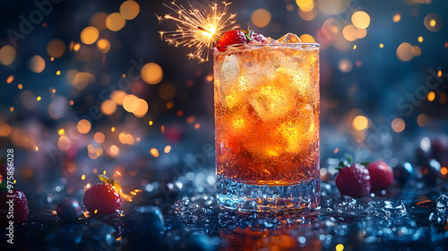 Sparkling Festive Cocktail with Strawberries and Ice - Photo