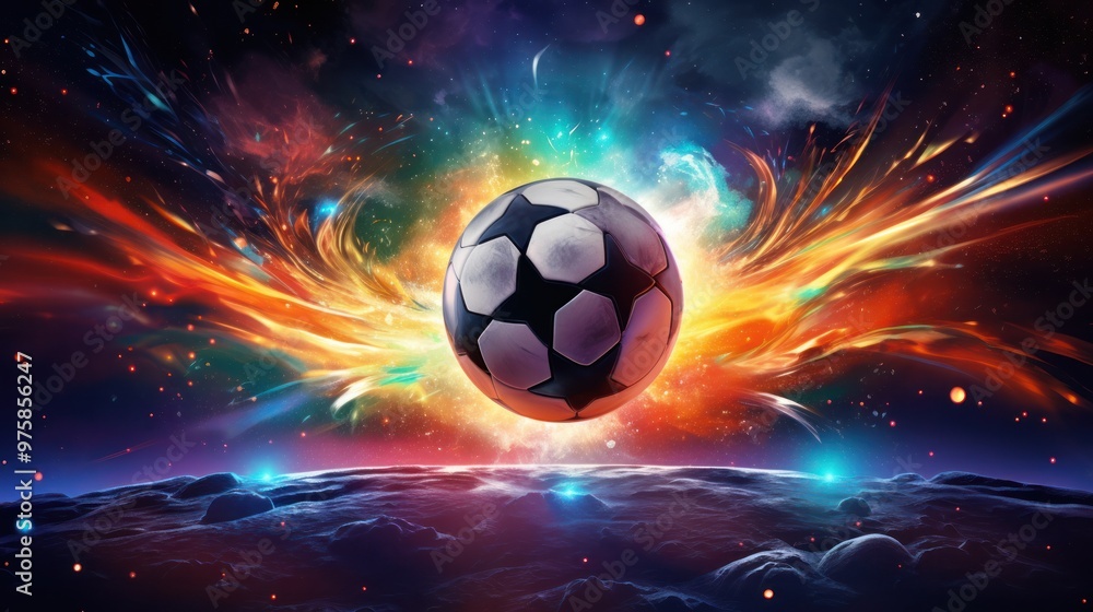Fototapeta premium A captivating close-up of a soccer ball ablaze, with flames erupting from various points around it.