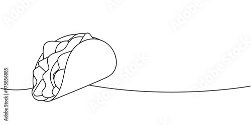 Mexican taco with ground beef one line continuous drawing. Traditional Mexican street fast food. Vector linear illustration.